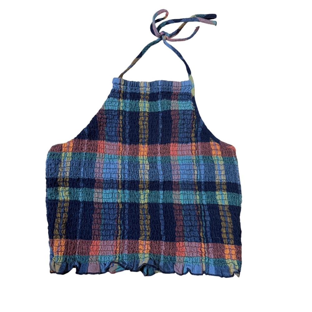 American Eagle Womens Plaid Smocked Halter Top Multi-Color‎ Cotton Linen Small